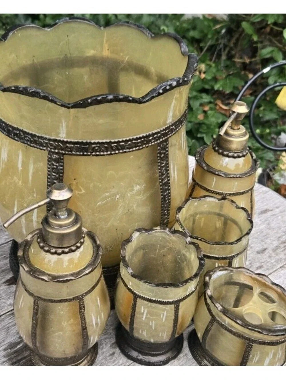 Greenish GOLD 6 Piece Bathroom Set Glass? Or Acrylic Metal Trim. Read
